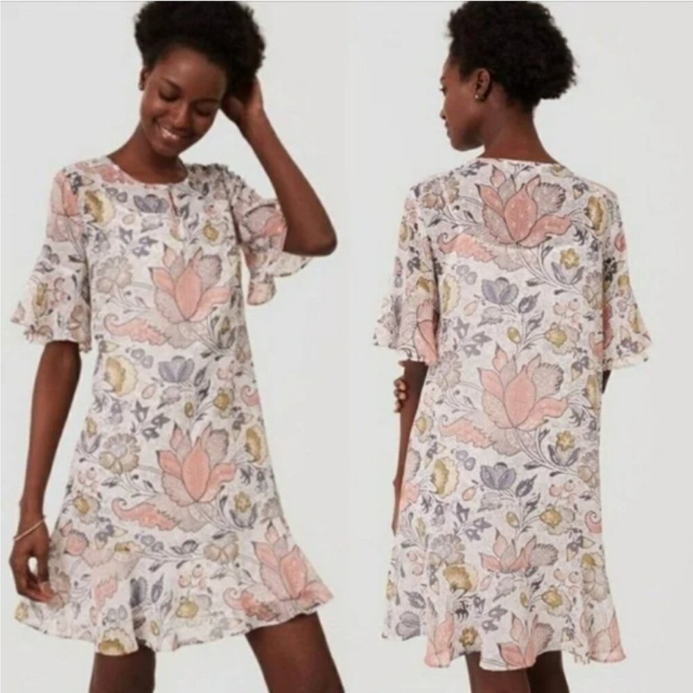 LOFT Tunic Dress Floral Paisley Metallic Sheer Ruffles Medium
